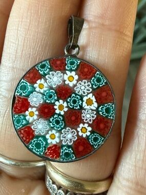 925 Handmade Millefiori Floral Round Pendant in Red, Green & White and earrings.
